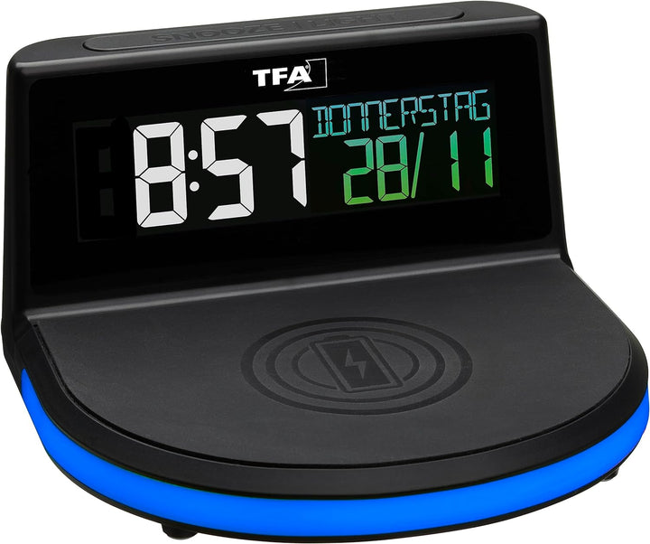 TFA Dostmann Charge-IT Wireless Digitalwecker, 60.2028.01, mit kabelloser Ladestation (Qi) für Smart