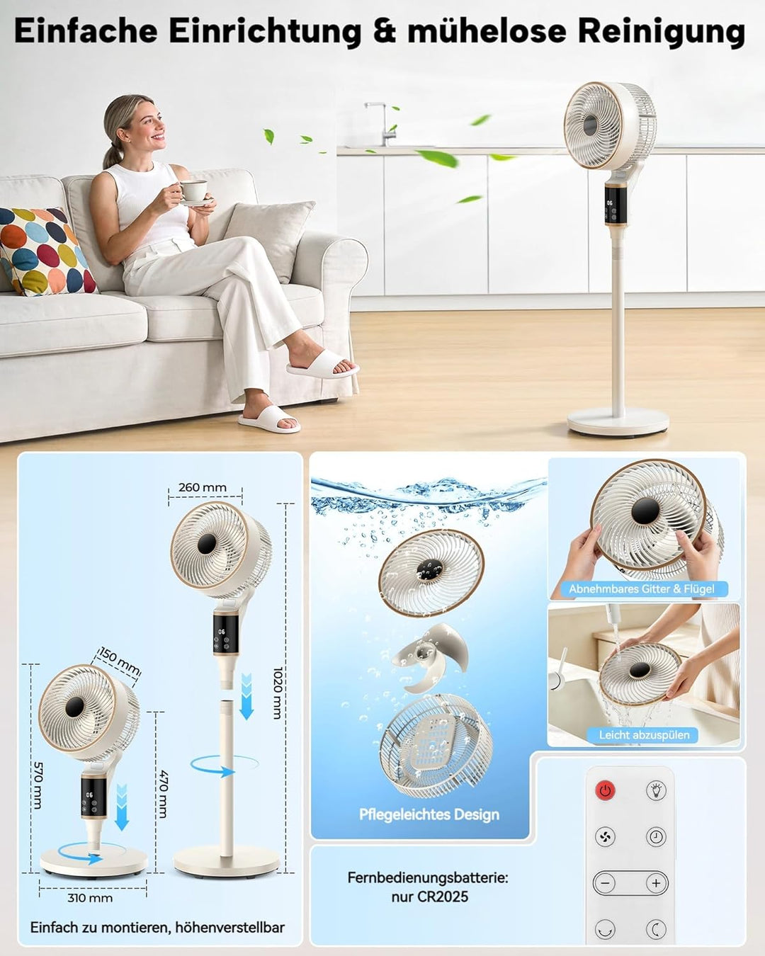 Leiser Turmventilator 101cm mit 3D-Oszillation, 12 Geschwindigkeiten, 12H Timer & Fernbedienung – en
