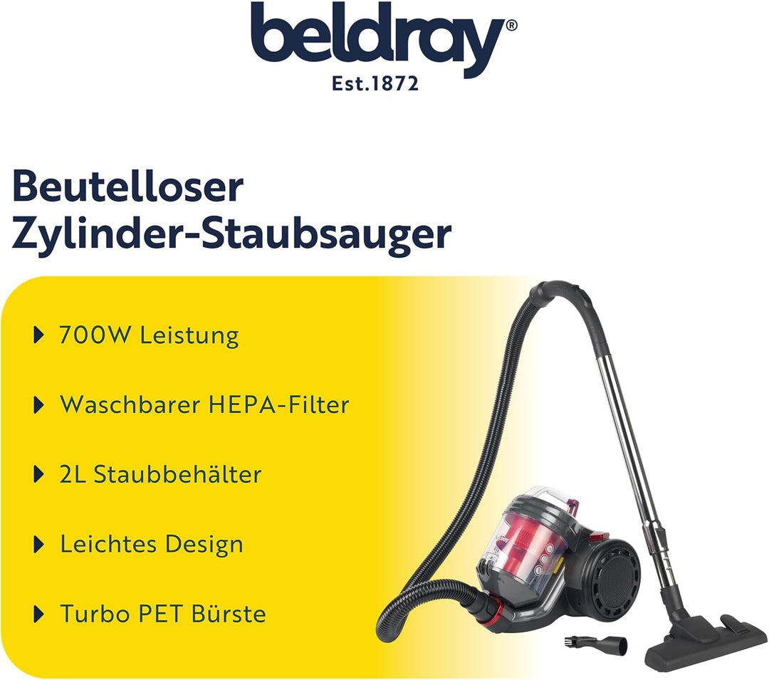 Beldray BEL0700TBVDE kompakter Zylinder-Staubsauger – PET Plus+ beutelloser Vac, leichter Teppichrei