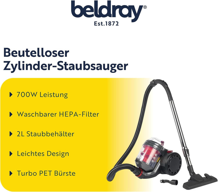 Beldray BEL0700TBVDE kompakter Zylinder-Staubsauger – PET Plus+ beutelloser Vac, leichter Teppichrei