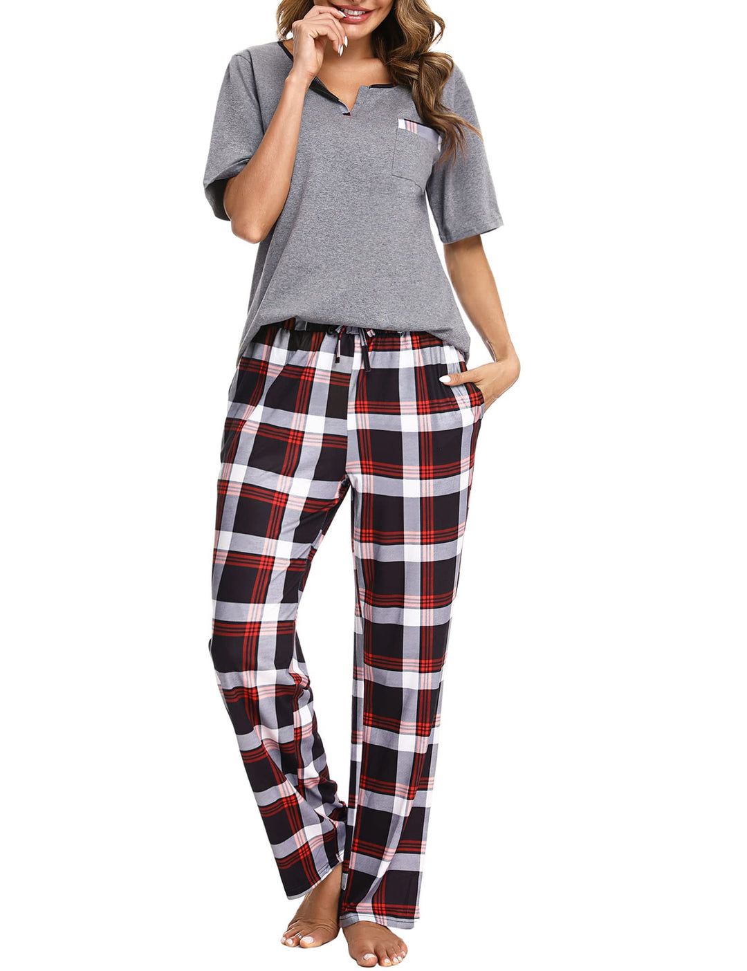 Bresdk Schlafanzug Damen Lang Kariert Kurzarm Pyjama Set Baumwolle Nachtwäsche XL Grau M964, XL Grau