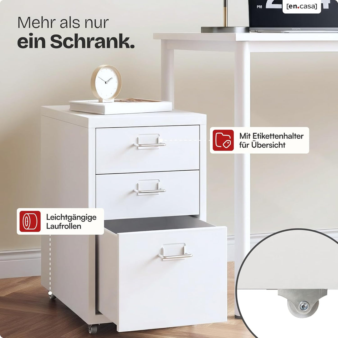 [en.casa] Rollcontainer Kökar Schubladenschrank Metall Aktenschrank mit 3 Schubladen Bürowagen mit R