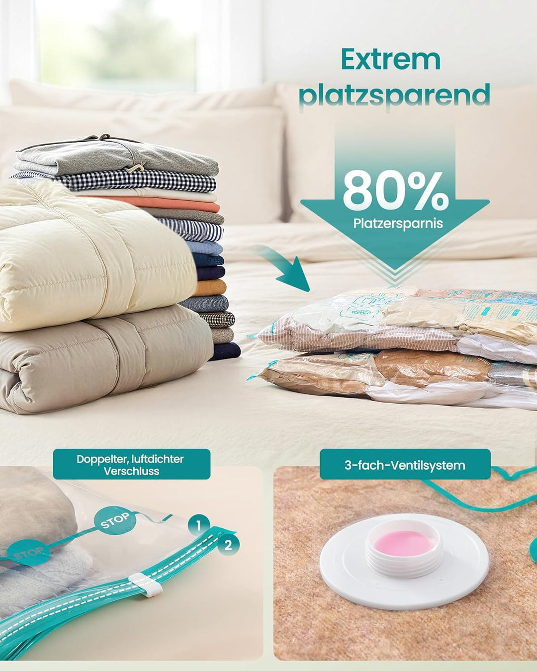 SONGMICS Vakuumbeutel, Vakuumierbeutel für Kleidung, Bettwäsche, Aufbewahrungsbeutel Reisen, platzsp