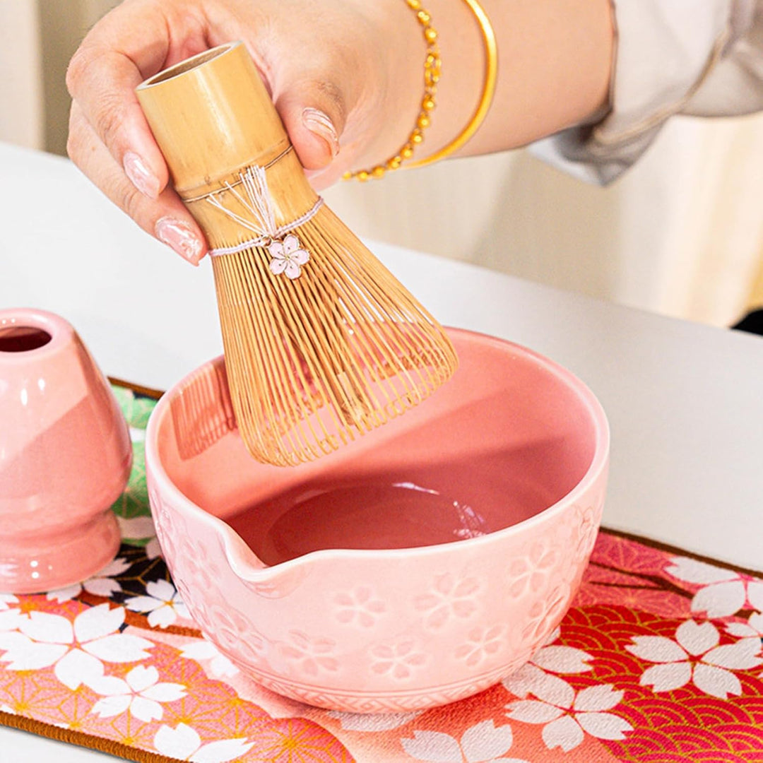 Nideen 8 Stück Matcha Set Rosa Keramik Matcha Schale Matcha Besen Set mit Sakura Charme Matcha Tee S
