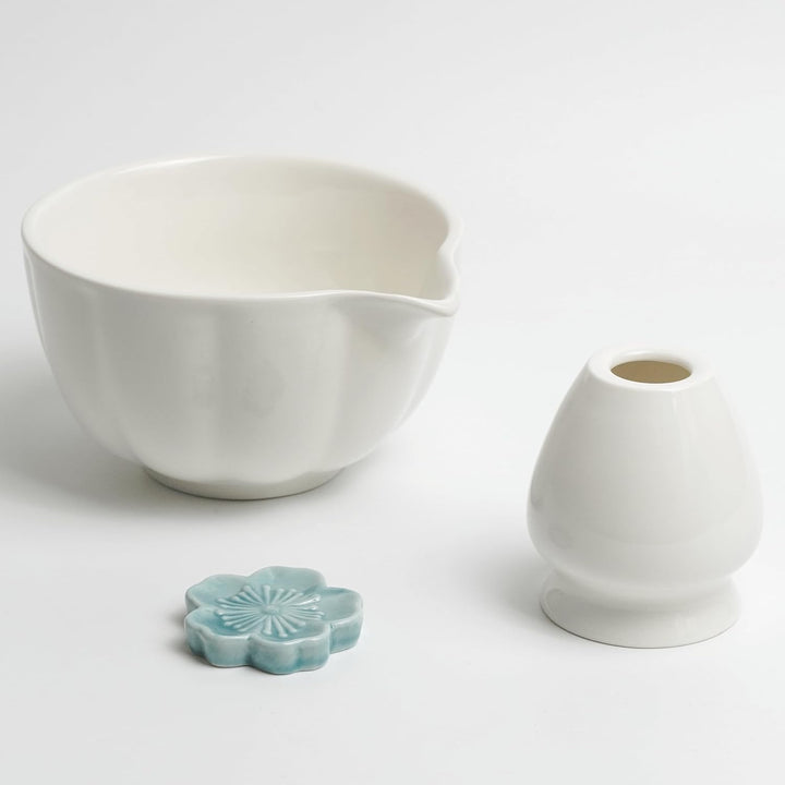 Premium Matcha Set 7-teilig – Exklusives Teezeremonie-Set mit Bambus-Chasen (Besen),Weiss Keramik-Sc