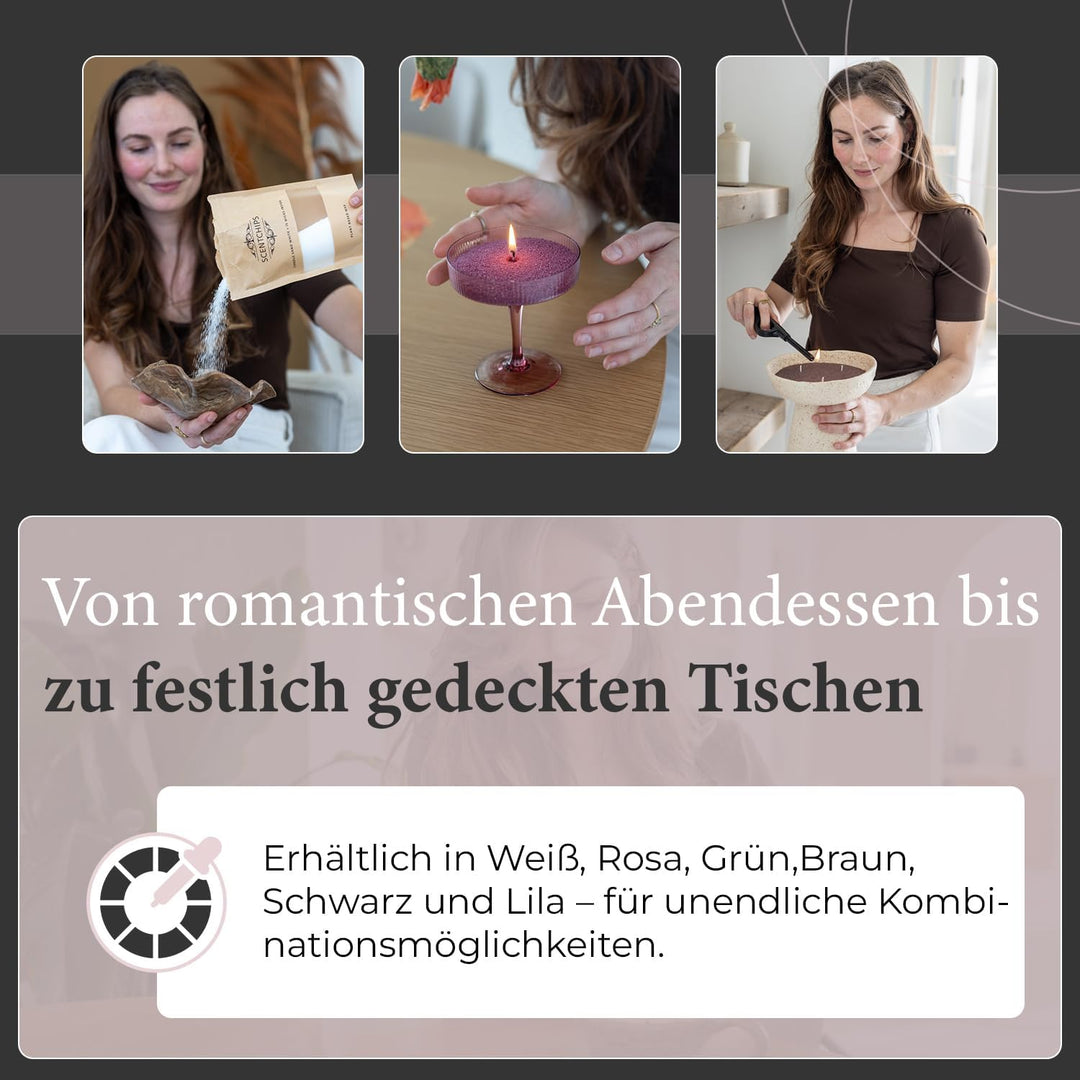 Scentchips Kerzensand – Farbiger Wachsgranulat zum Selbermachen von Kerzen mit 30 losen Dochten, Dek