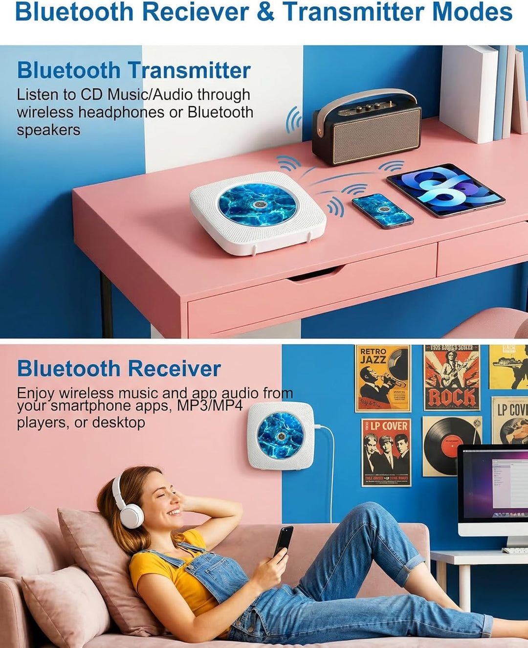 CD Player Tragbar Bluetooth Radio mit CD-Player mit Lautsprecher Unterstützung USB & AUX-Wiedergabe