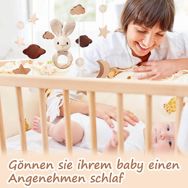 SWECOMZE Mobile Baby Holz Mobile Babybett Bettglocke Windspiel baby mit Wolken Sterne Abnehmbar Häke