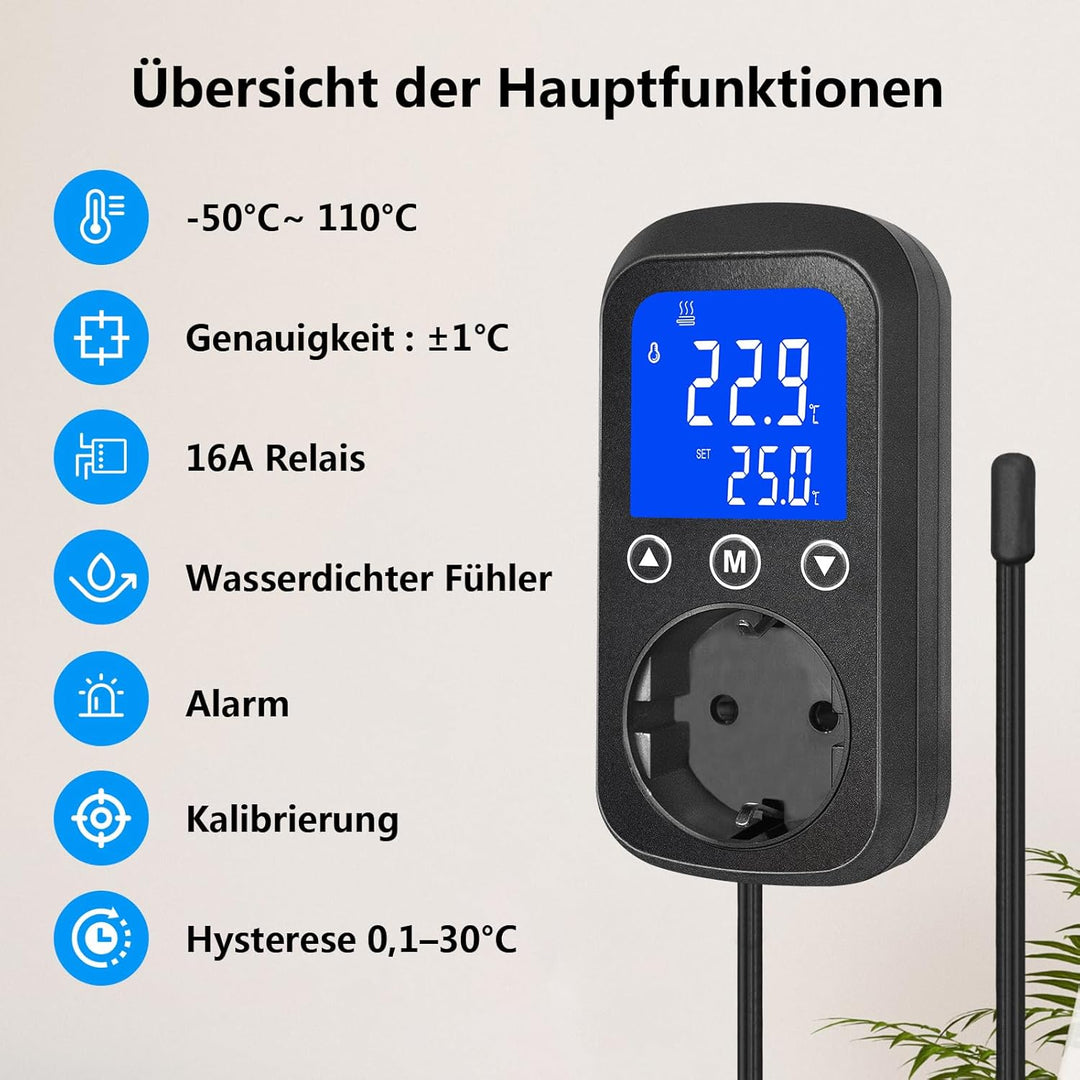 KETOTEK KT2000 Digitale Steckdose mit Thermostat 230V/16A EU Standard, Relais-Temperaturschalter & w