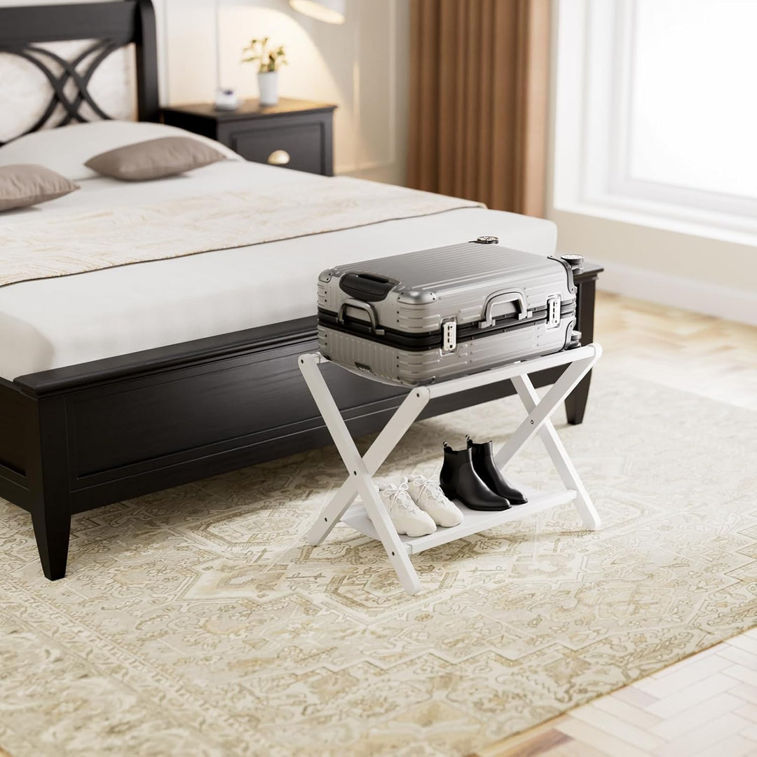 HITNET Kofferständer Klappbar 2er pack, Weiss Gepäckablage Faltbar aus Bambus für Gästezimmer, Koffe