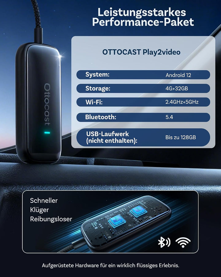 OTTOCAST Play2Video Ultra 2026 Upgrade, Wireless CarPlay Adapter AI Box mit YouTube, App Hub, bis zu