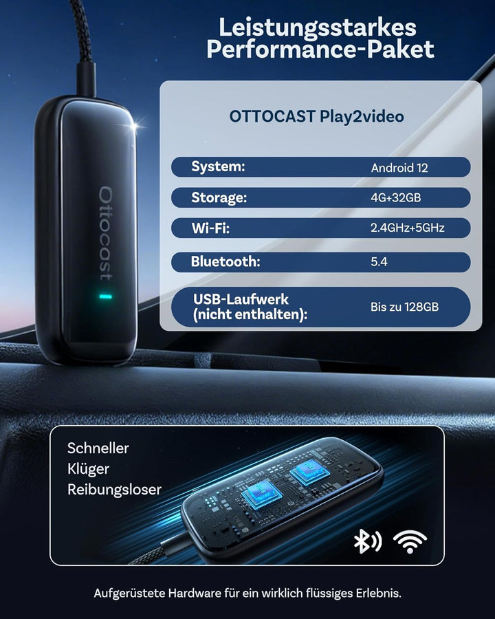 OTTOCAST Play2Video Ultra 2026 Upgrade, Wireless CarPlay Adapter AI Box mit YouTube, App Hub, bis zu