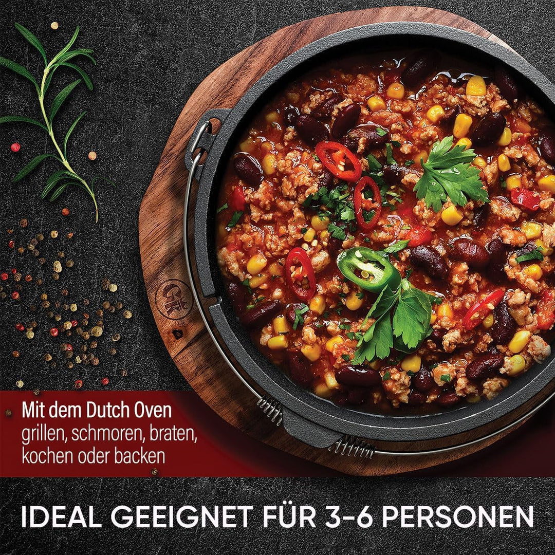 Dutch Oven Set 7 Liter [für 3–6 Person]–Eingebrannter Feuertopf ohne Füsse + praktischem Deckelheber