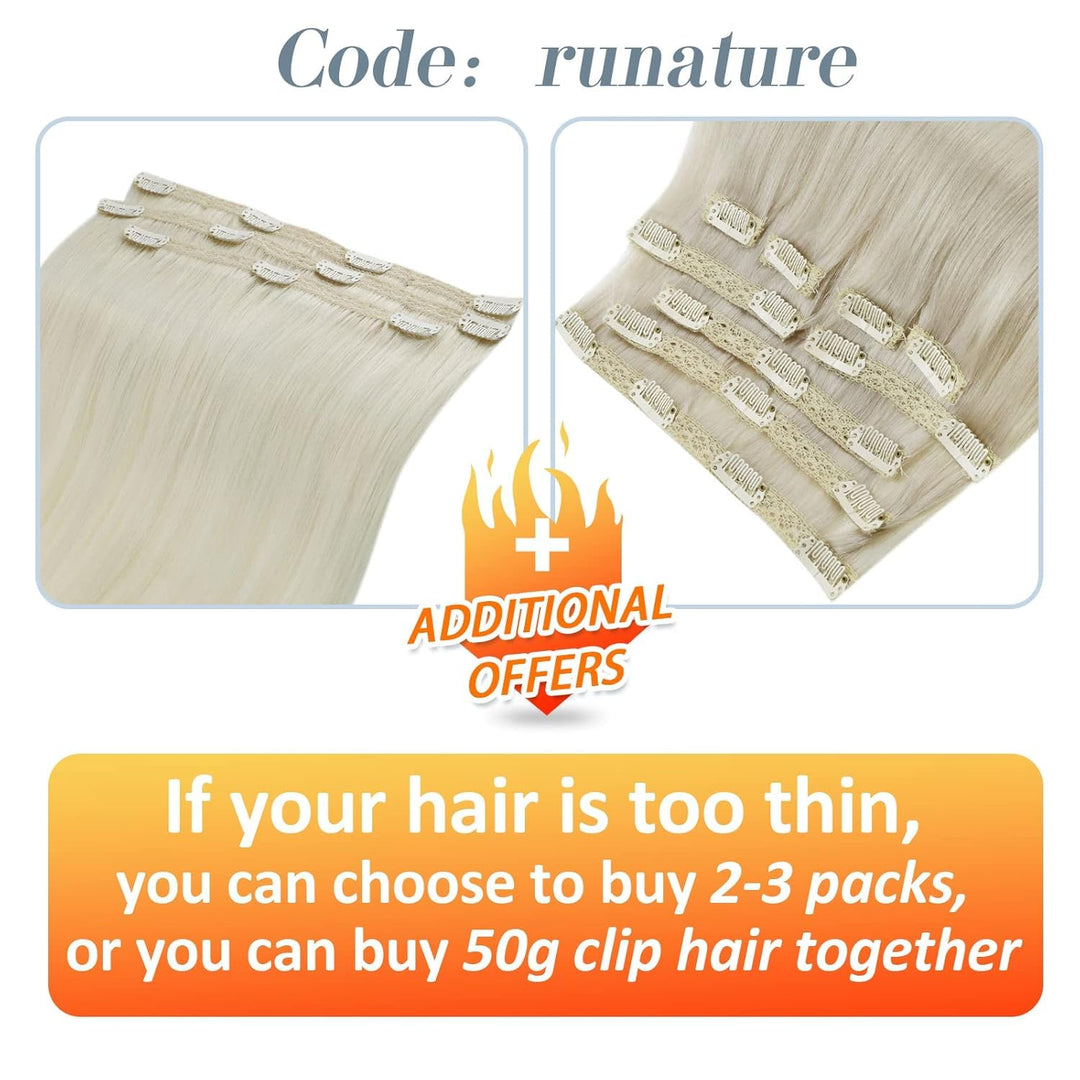 RUNATURE Blond Echthaar Clip in Extensions Weiss Blond Gerade Haarextensions Clip in Remy Haar Exten