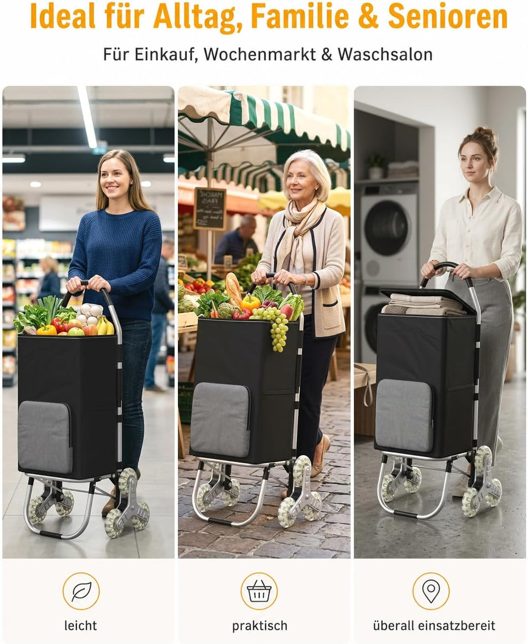 DROMEZ Einkaufstrolley Treppensteiger, 50L Einkaufswagen Trolley Gross mit Kühlfach, Hackenporsche K