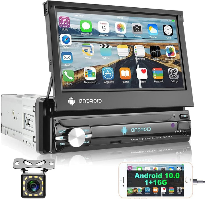 Podofo Autoradio 1 Din mit GPS Navi, Bluetooth RDS, 7 Zoll Bildschirm Ausfahrbarem Manuelle Android
