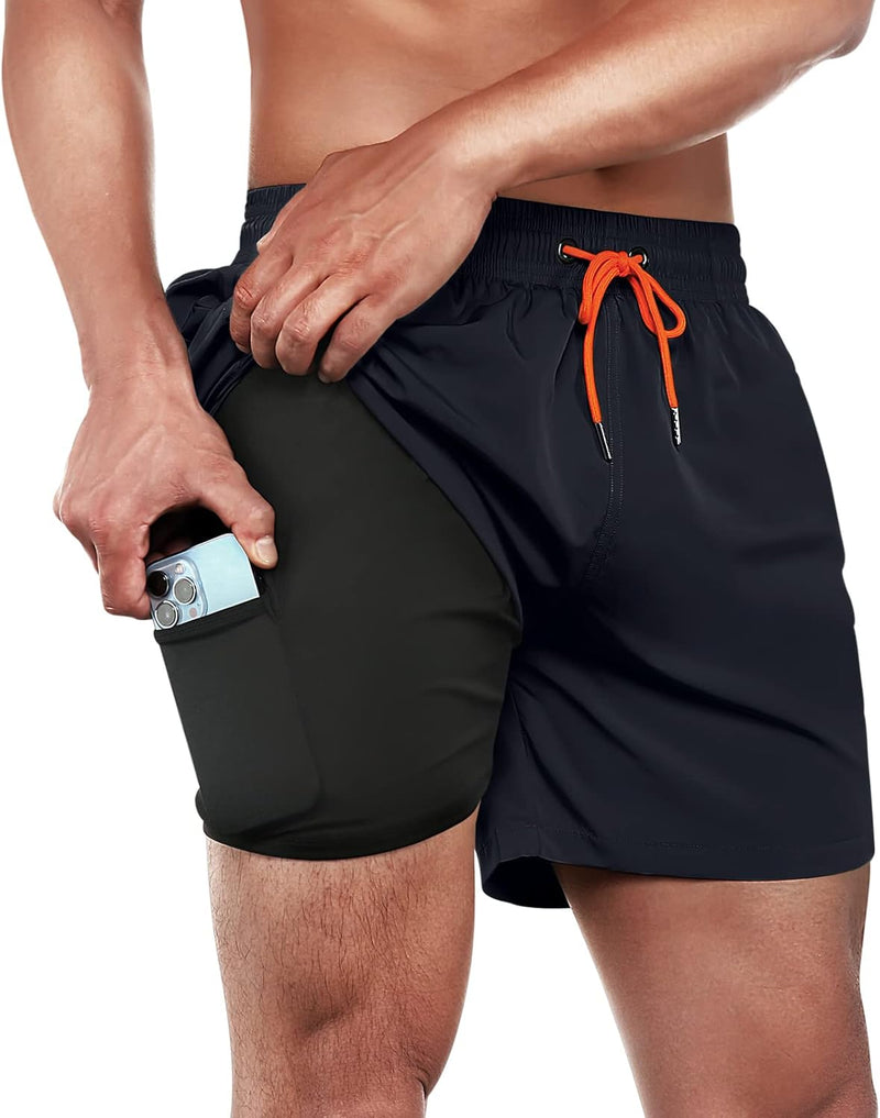 ineepor Badehose Herren mit Kompression Badehose mit innenhose Board Shorts 2 in 1 Reissverschlussta