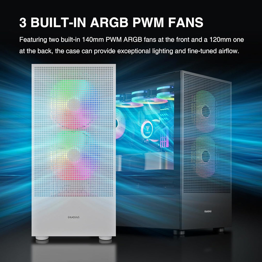 GAMDIAS TALOS PC-Gehäuse, EATX Gaming Mid Tower, vorinstallierter 3 PWM ARGB Lüfter, gehärtetes Glas