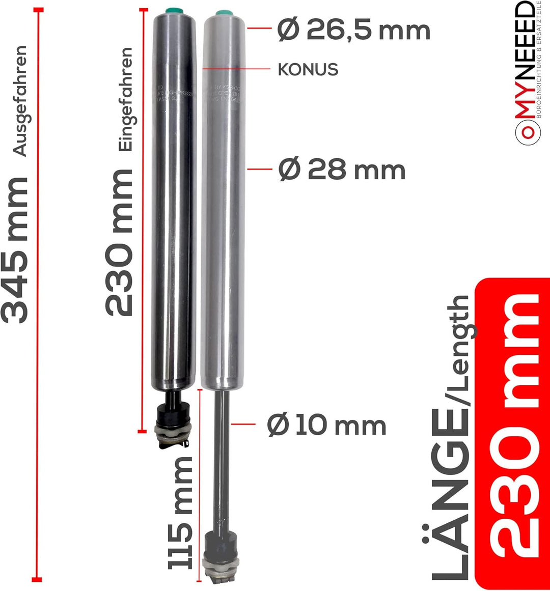 MYNEEED Gasdruckfeder Bürostuhl Ersatzteile Compact - Ersatz Gasfeder bis 200 kg für Drehstuhl Chefs