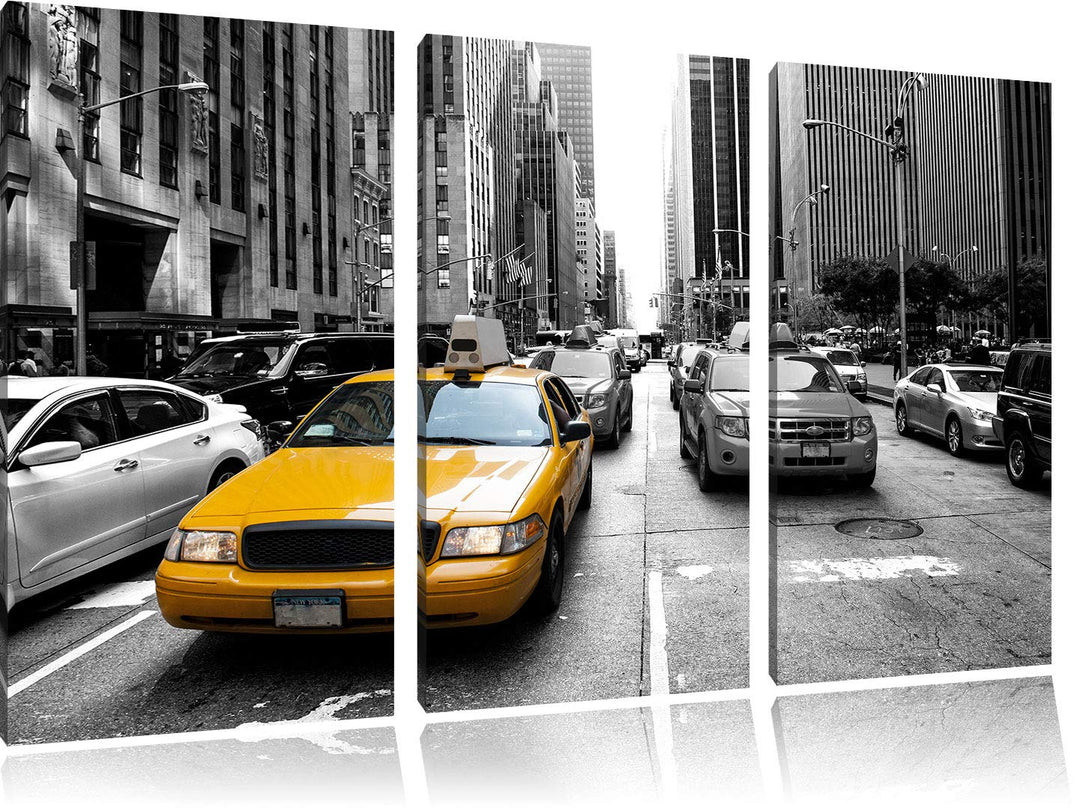Gelbes Taxi in New York schwarz/weiss 3-Teiler Leinwandbild 120x80 Bild auf Leinwand, XXL riesige Bi