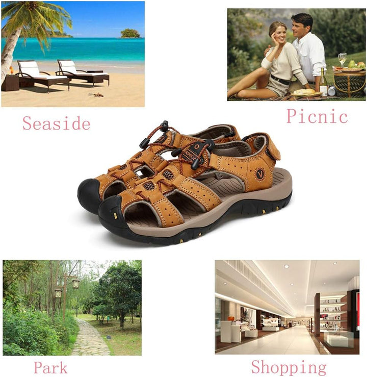 ZYLDK Sandalen Herren Leder Strand Wandersandale Trekkingsandalen Outdoorschuhe Sommer Freizeitschuh
