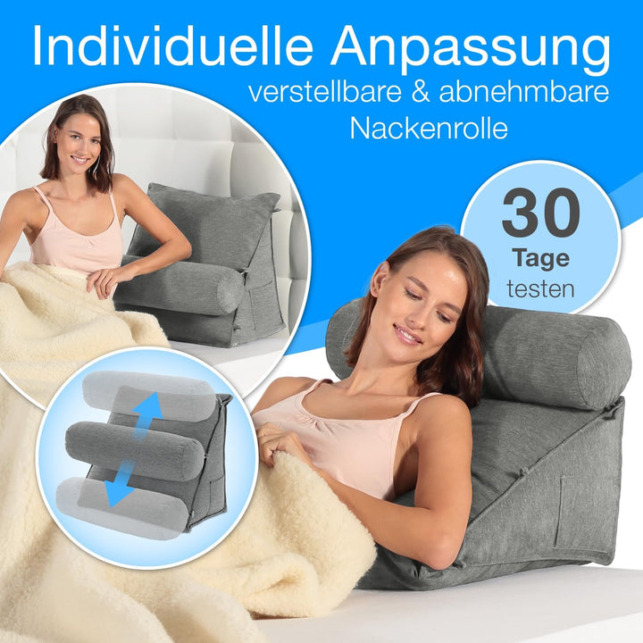 maxVitalis Rückenkissen Bett/Sofa mit Abnehmbarer Nackenrolle und Seitentasche, Rückenstützkissen mi