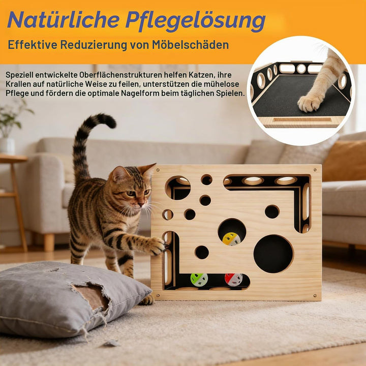 Beschäftigungsbox Katzen, Kratzpuzzle Spielbox Holz Katzens, Interaktives Spielzeug Katzens mit Bäll