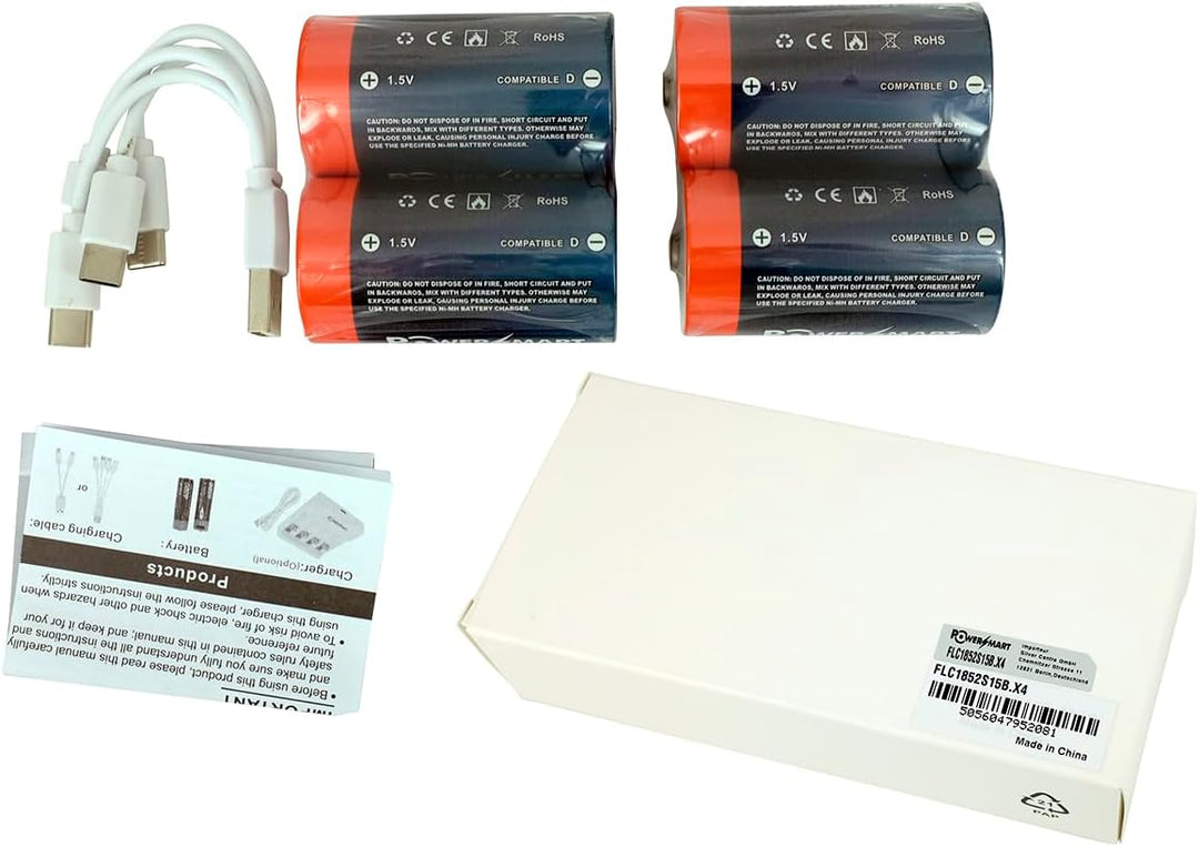 PowerSmart® Akkus (4 Pack) 5800mWh 1.5V LR20 Mono D USB-C Batterie, wiederaufladbar, mit 4-in-1 USB