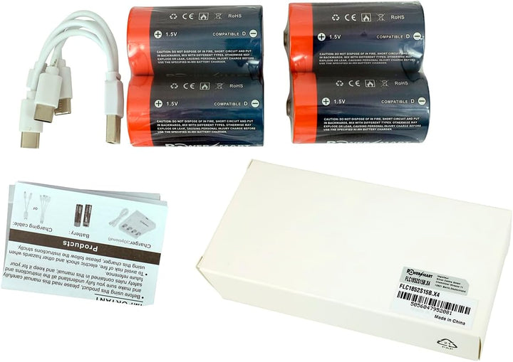 PowerSmart® Akkus (4 Pack) 5800mWh 1.5V LR20 Mono D USB-C Batterie, wiederaufladbar, mit 4-in-1 USB