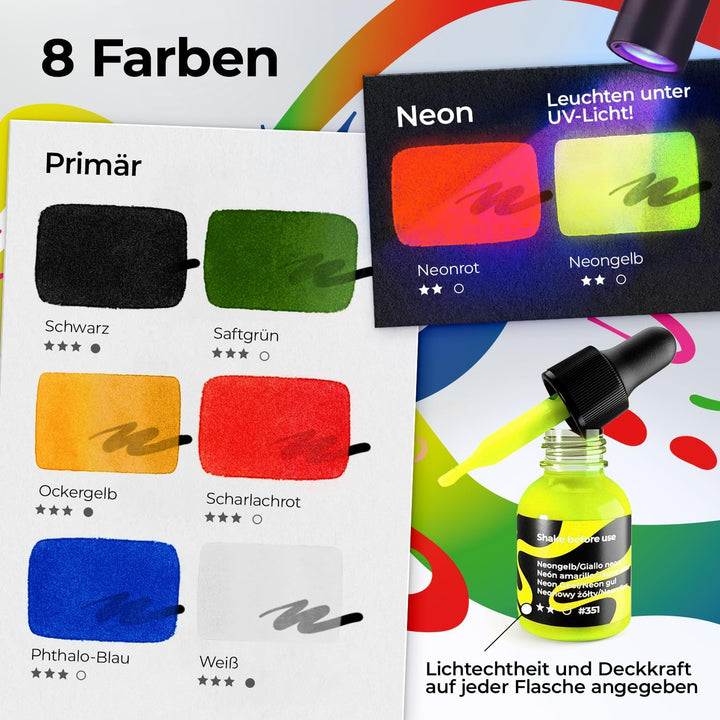 8x20ml Acrylic Ink Set, Permanent, Wasserfeste, Acryltinte inklusive 6 Primärfarben & 2 Neon Farben,