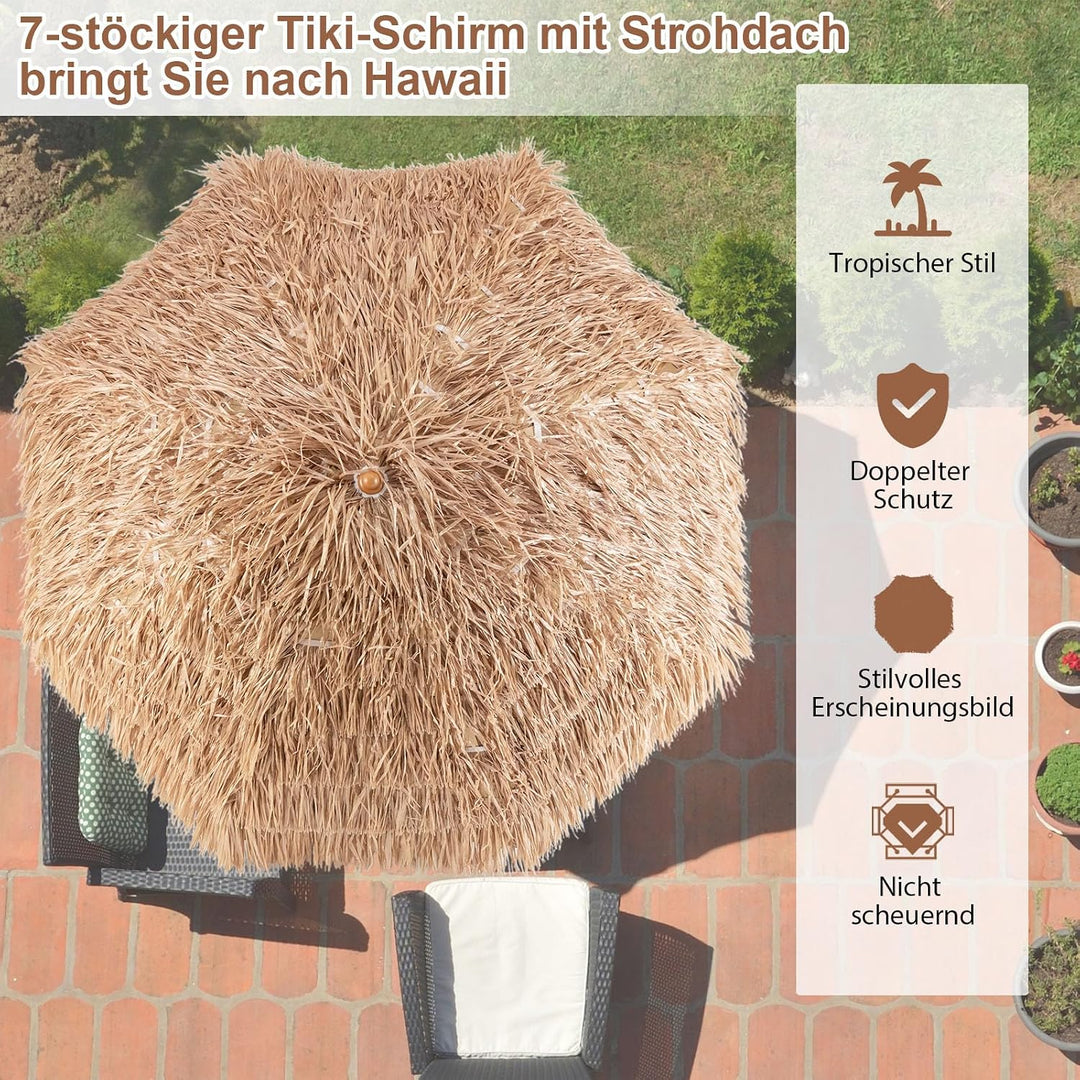 GOPLUS Sonnenschirm Hawaii, Ø 208 cm Sonnenschirm Stroh um 30° knickbar, Strandschirm mit PP-Stroh &amp;