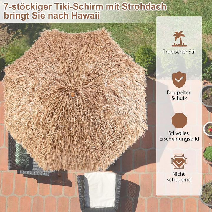 GOPLUS Sonnenschirm Hawaii, Ø 208 cm Sonnenschirm Stroh um 30° knickbar, Strandschirm mit PP-Stroh &amp;