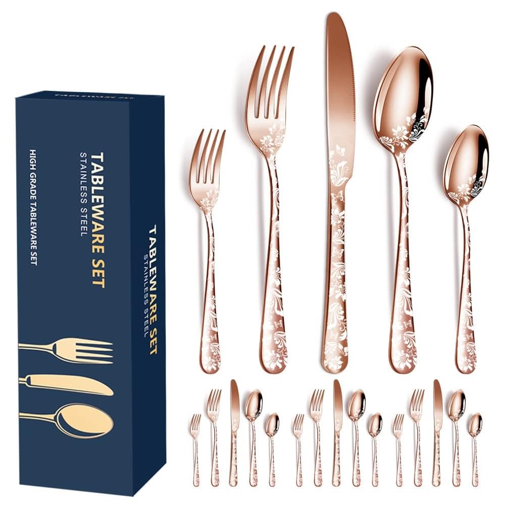 Aoresac Besteck-Set für 4 Personen, 20 Stück, aus Edelstahl, poliertes Muster, mit Blumenspiegel, in