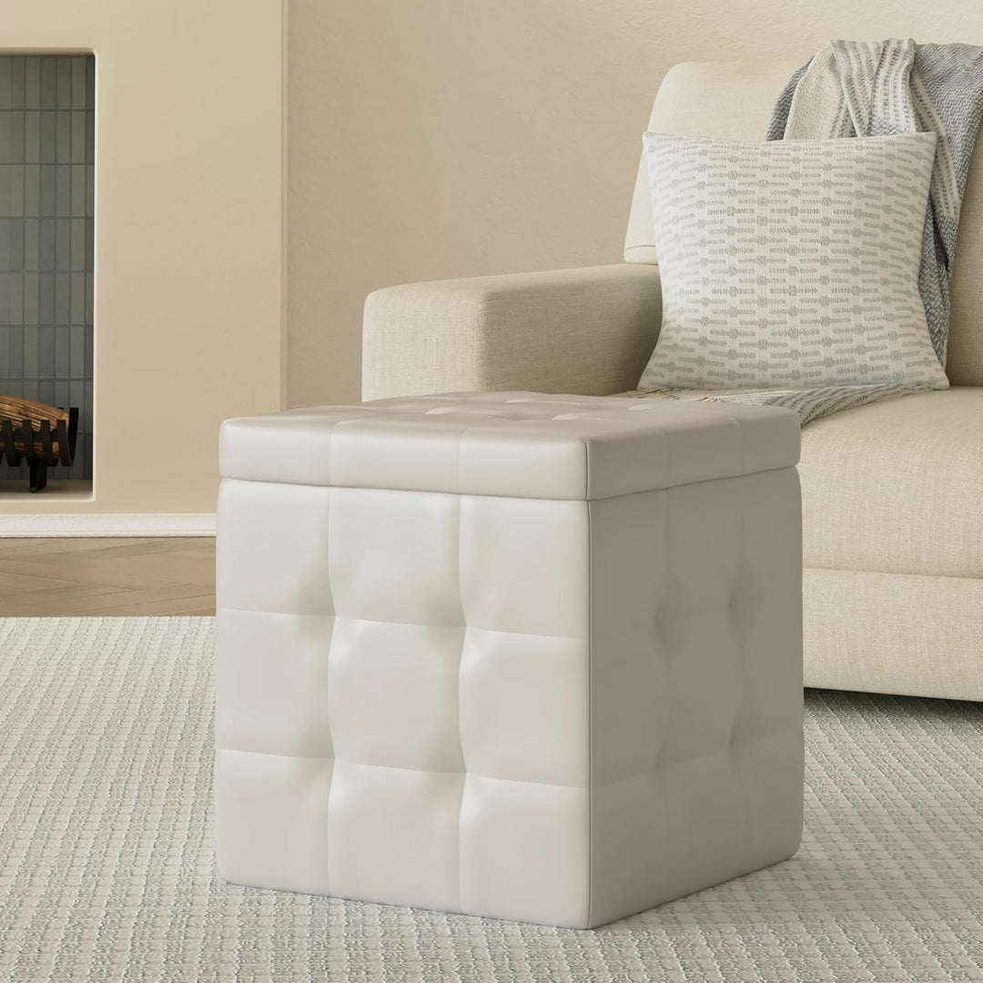 Dmora Pouf-Behälter aus Kunstleder, Farbe weiss, 45 x 47 x 45 cm Bianco, Bianco