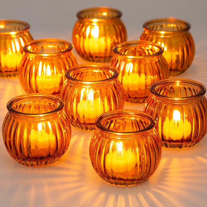 NUPTIO Teelichthalter Teelichtgläser Kürbis Glas - 12 Stück Bernstein Votivkerzenhalter Weihnachten