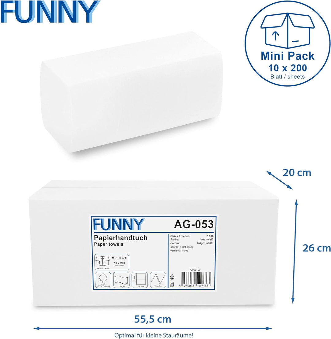 Funny Papierhandtücher 2-lagig, ZZ/V-Falz, 24 x 21 cm, hochweisse Handtücher,MINI Pack 2000 Blatt, A