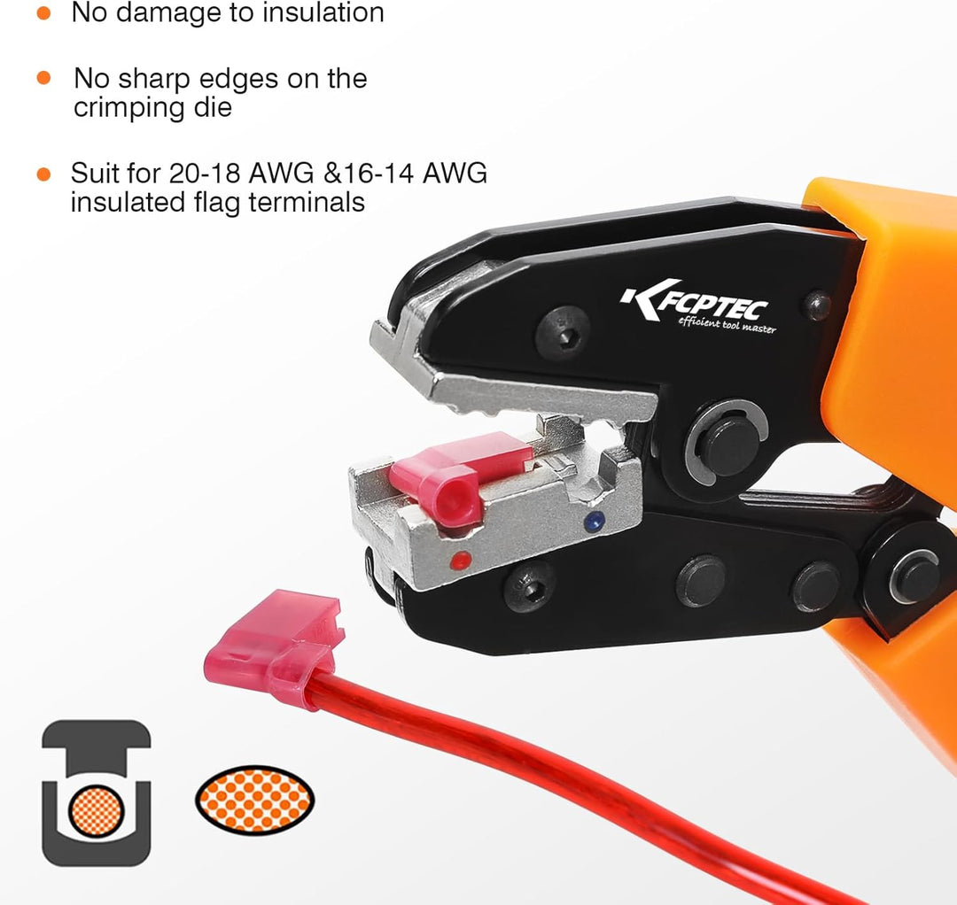 KF CPTEC Crimpzange für isolierte Kabelschuhe Flachstecker 90° gewinkelt 20–18 und 16–14 AWG, Kabels