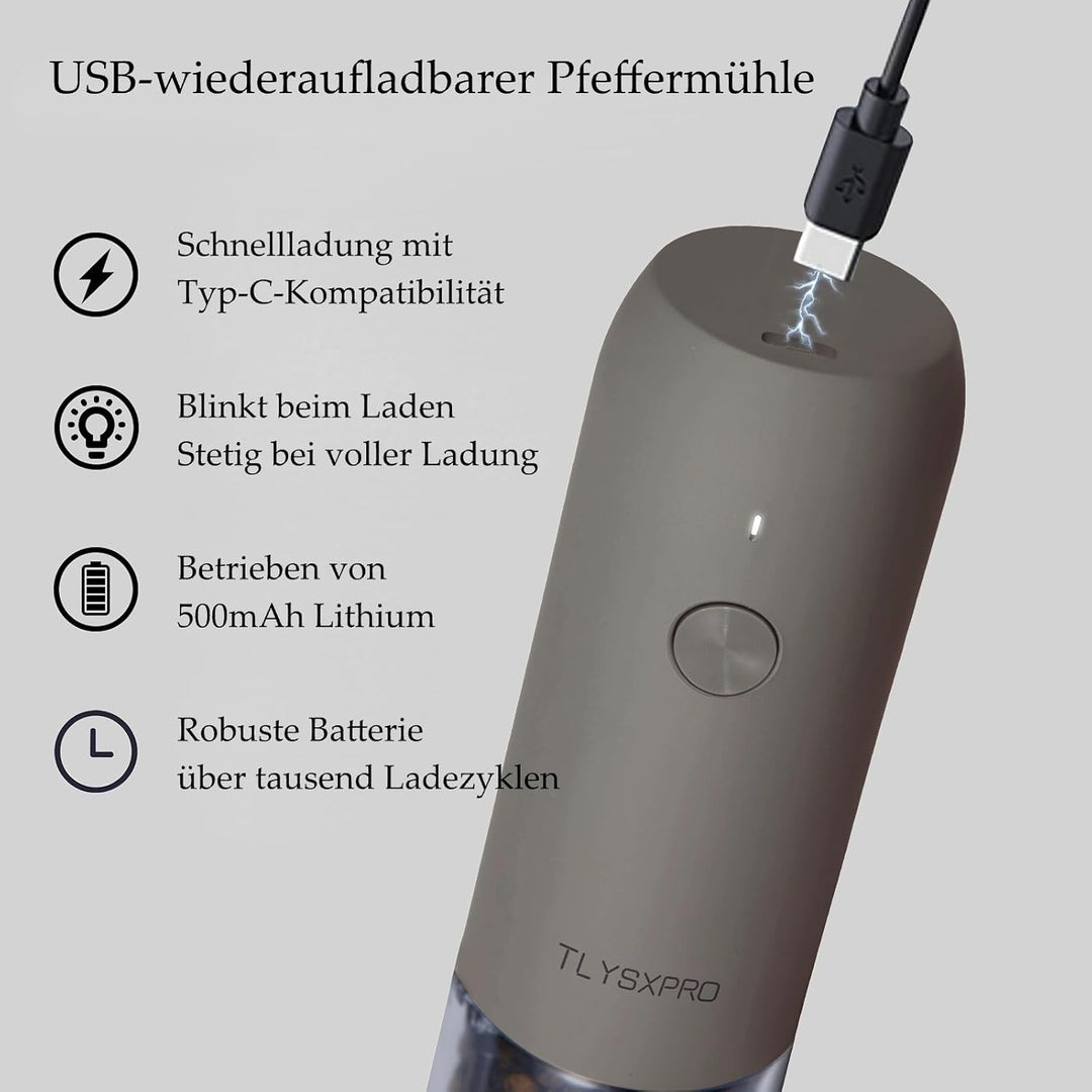 TLYSXPRO Salz und Pfeffermühle Elektrisch 2er Set, USB Wiederaufladbar, Einstellbarer Grobheit Gewür