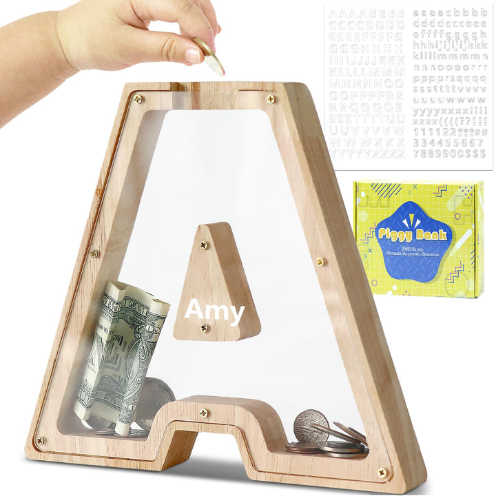 DBPBToU Spardose aus Holz Buchstaben, Sparschwein Durchsichtig für Kinder, Sparbox Personalisierte,
