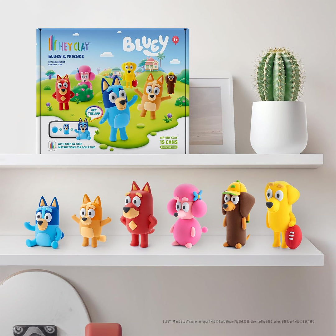 Hey Clay Bluey & Friends-Set (15 Dosen) mit lufttrocknender Modelliermasse und Modellierwerkzeugen