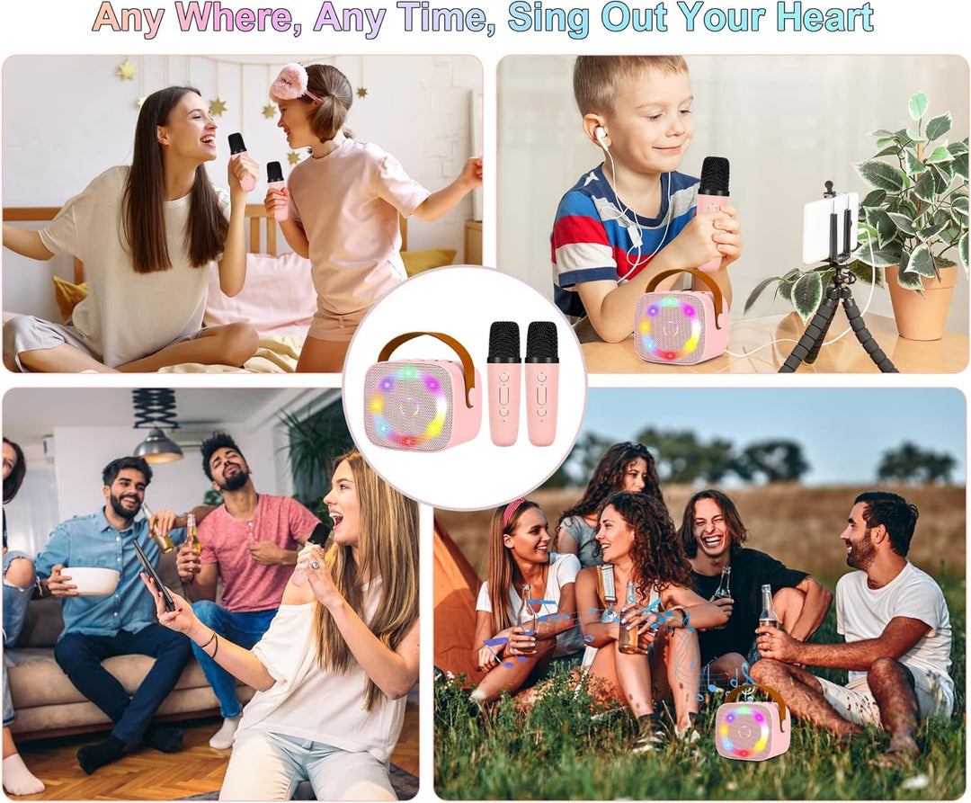 Karaoke Maschine Mini Tragbares Bluetooth Karaokemaschinen mit 2 Kabellosen Mikrofonen für Kinder Er