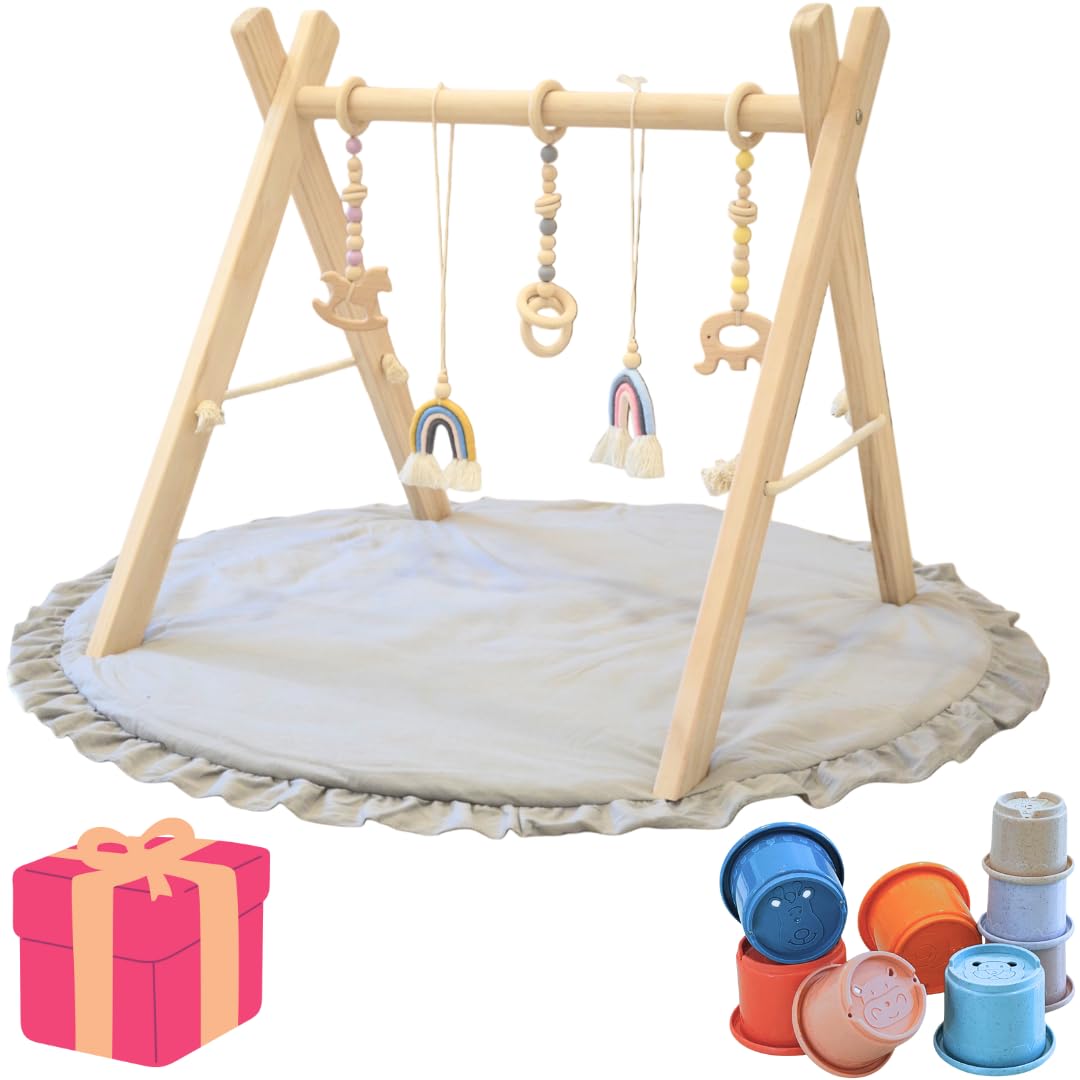 Lucknel Montessori Spielbogen Baby aus Holz mit Spielmatte 90 cm – ab 3 Monate, 5 abnehmbare Hängesp