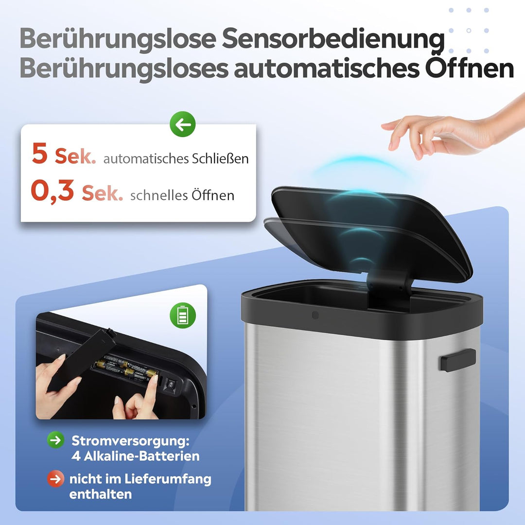 WLIVE Mülleimer 50L mit Sensor, Automatischer Abfalleimer aus Edelstahl, Berührungsfreier Küchenabfa