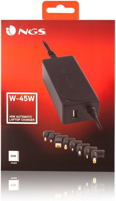 NGS W-45-45W Automatisches Universal Laptop-Ladegerät, Ladegerät mit 5V-2A USB Ausgang und 8 Adapter