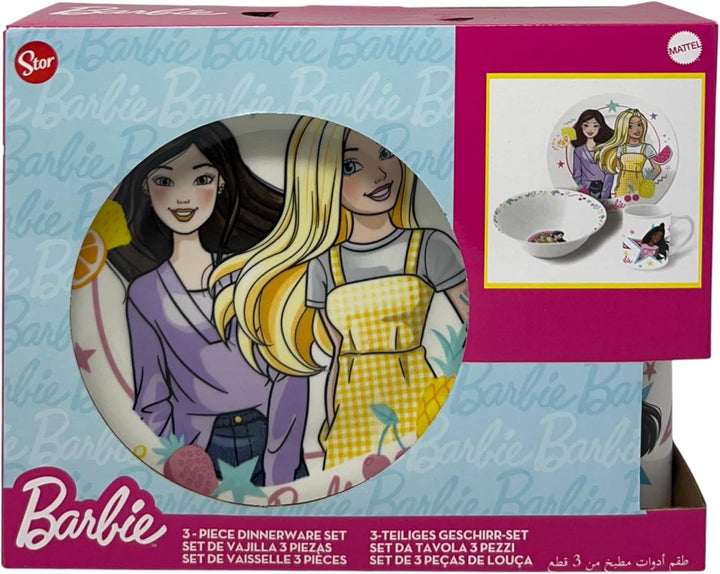 CARTOON Set 3-teilig aus Keramik Barbie Tasse Müslischale Teller Kindergeschirr Tischservice im Set,