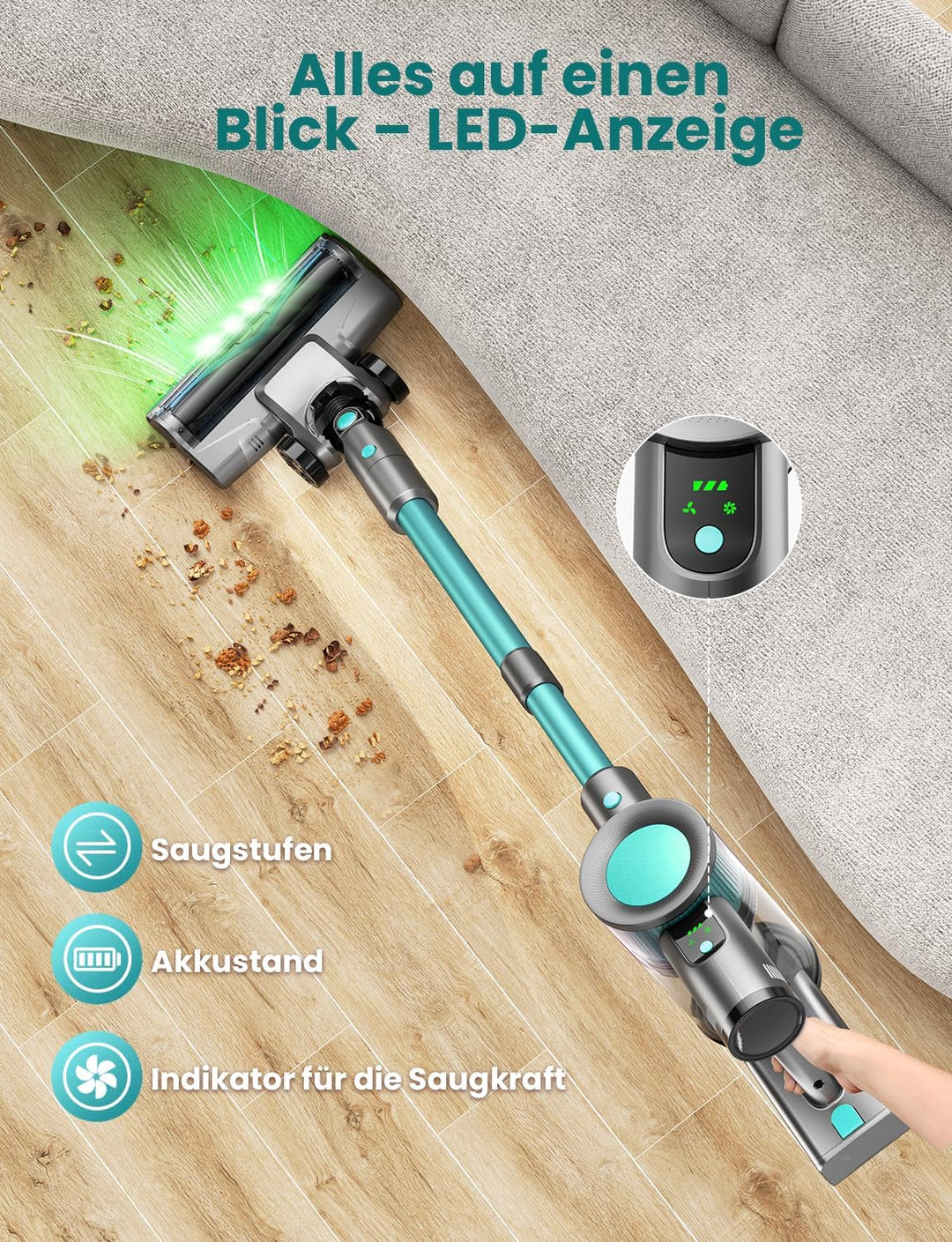 Dzaki 45000Pa Akku Staubsauger, Staubsauger Kabellos mit Smart Display, Standfunktion, Langer Laufze