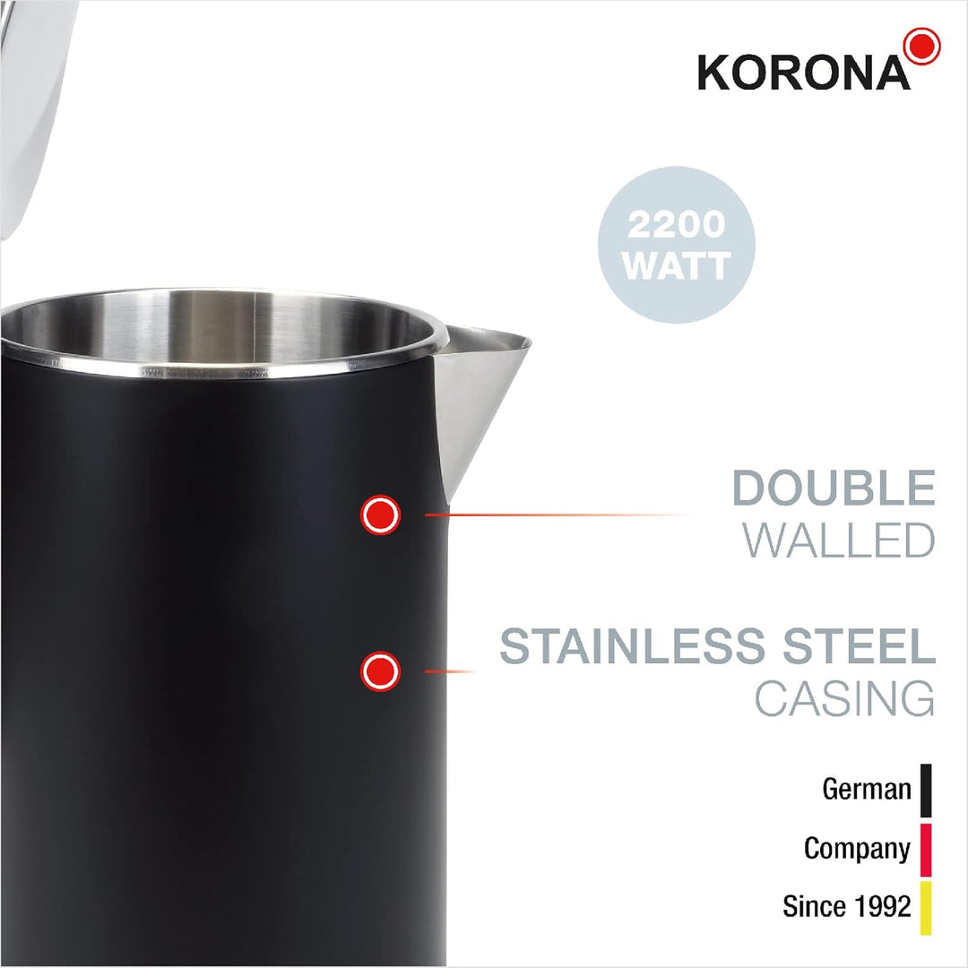 Korona 20119 Doppelwandiger Wasserkocher | 1 Liter | Hitzeabweisendes Gehäuse mit Cool Touch | 2.200
