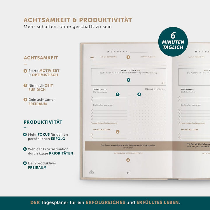 Das 6-Minuten Erfolgsjournal | Tagesplaner für mehr Motivation, Selbstreflexion & Erfolg | A5, undat