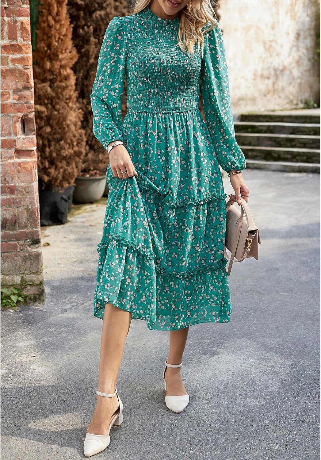 YNIQUE Damen Kleider Lässig Langärmlig Stehkragen Bohemian Blumenmuster Fliessende Maxi Kleider Abge