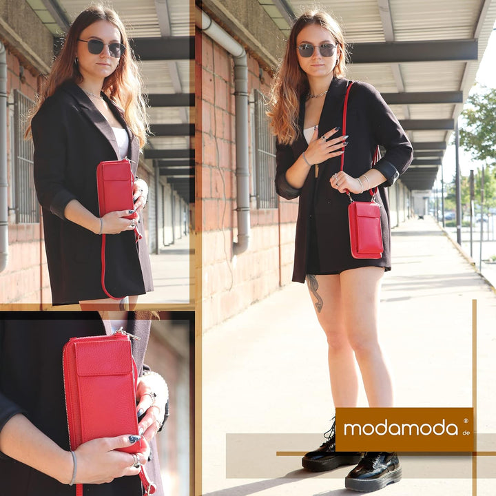 modamoda de - P06 - ital. Damen Umhängetasche Geldbörse Handytasche Leder Cognac, Cognac